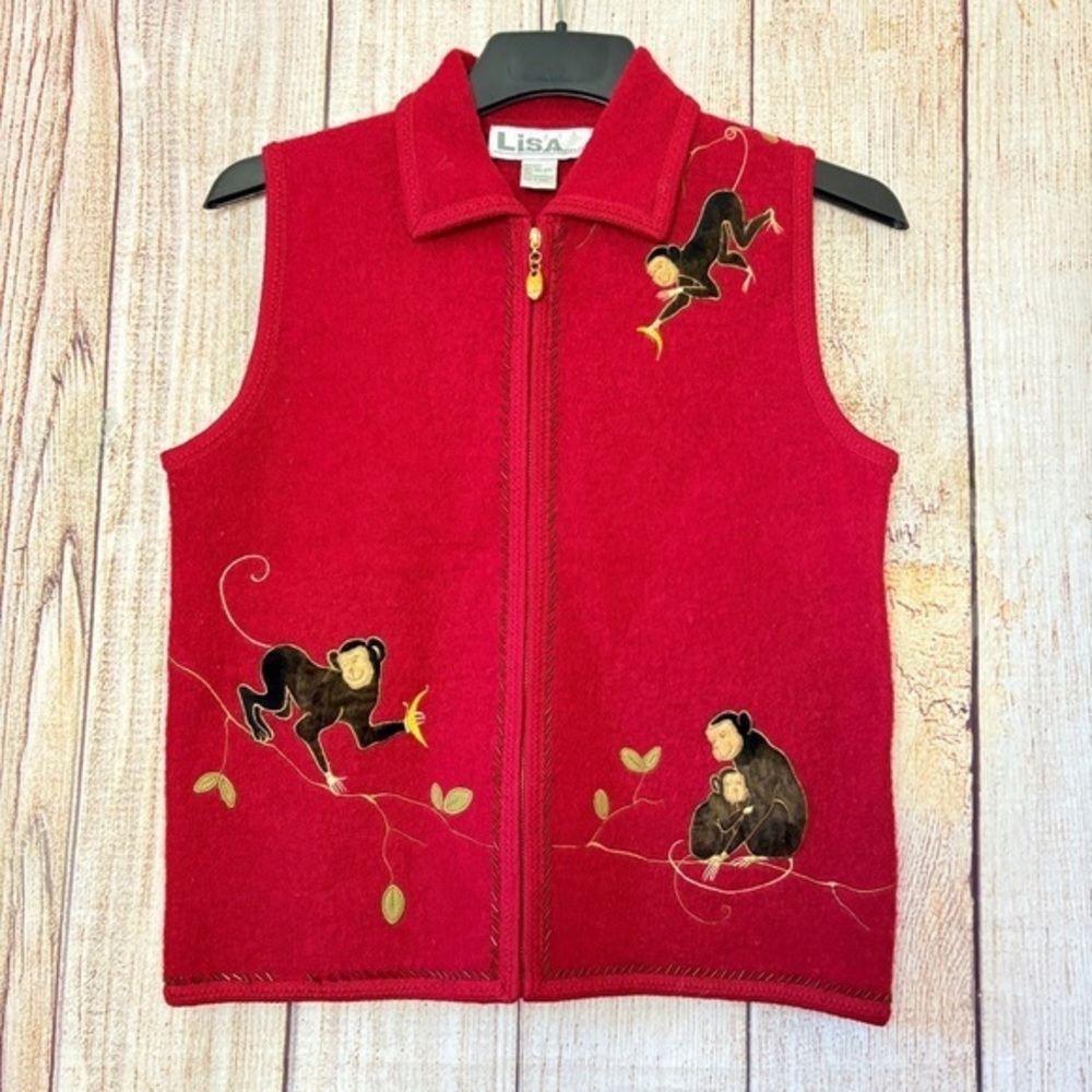 Lisa international Charming Vintage-Style Red Wool Monkey Appliqué Vest size S